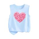 Camiseta Sem Mangas Para Meninas Com Estampa Floral Rosa E Coração, T-shirt De Verão Trendy Para