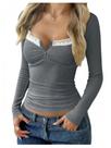 Camiseta SweatyRocks Y2K de manga comprida com acabamento em renda para mulher