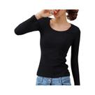 Camiseta Térmica Feminina De Manga Longa Em Veludo Cor Sólida Para Inverno Com Fibra De Aquecimento