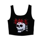 Camiseta top cropped feminino branco e preto crânio flor Hinganbana