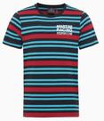 Camiseta Unissex Azul Escuro/Vermelho.
