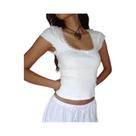 Camiseta Vintage Branca Y2K Com Decote Quadrado E Detalhes Em Renda, Top Cropped Tricotado Para