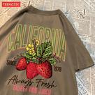 Camisetas Femininas de Algodão com Estampa de Morangos - Manga Curta