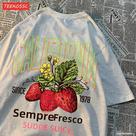 Camisetas Femininas de Algodão com Estampa de Morangos - Manga Curta