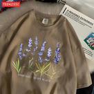 Camisetas Femininas Grandes de Algodão - Estampa de Lavanda, Manga Curta e Gola Redonda
