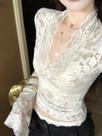 Camisetas Femininas Sexy Com Decote Em V, Renda Transparente, Manga Longa, Ajuste Slim, Pullover,