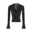 Camisetas Femininas Sexy Com Decote Em V, Renda Transparente, Manga Longa, Ajuste Slim, Pullover,