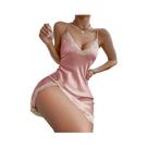 Camisola Feminina De Cetim Com Renda Contrastante, Decote Em V Profundo E Fenda, Estilo Slip