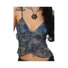 Camisola Feminina Sexy Transparente Com Decote Em V, Sem Mangas, Patchwork, Estampa Em Malha, Estilo