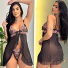 Camisola Feminino Com Calcinha Luxo Sensual Tule Renda