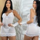 Camisola Sensual Tule E Renda Sexy Com Luvas e Calcinha Fio Completo