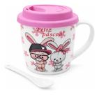 Caneca Cerâmica Páscoa Rosa com Tampa e Colher 9cm