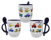 Caneca Colher Azul Personalizada Animais Carrinho Automóvel