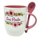 Caneca Colher Rosa Personalizada Floral Irmã, Mamãe, Vovó