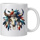 Caneca de cerâmica Boho Bull Skull, capacidade de 350 ml, pluma colorida