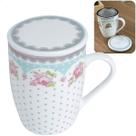 Caneca de Porcelana 310ml Com Tampa e Filtro pra Chá Café Amelia Luxo Lyor