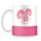 Caneca de Porcelana Base Glitter Rosa com Estampa do Signo Áries - 325ml