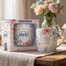 Caneca de porcelana personalizada para mãe na caixa de presente 300ml para chá café leite com flores branca xícara grand Caneca de porcelana personalizada para mãe na caixa de presente 300ml para chá café leite com flores branca xícara grand