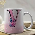 Caneca de Porcelana Personalizada Stitch Letras A-Z 325ml Rosa