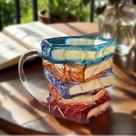 Caneca de Vidro Artesanal Pintada em 3D com Pilha de Livros, 325 ml