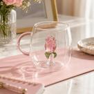Caneca de Vidro Borossilicato com Rosa 3D Interna 420ml Presente Dia dos Namorados Romantico Transparente Xicara Flor -