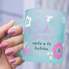 Caneca de vidro com frase a vida floresce verde azul 300ml para café chá leite presente na caixa