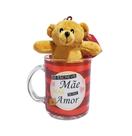 Caneca de Vidro Dia das Mães 330ml + Urso Pelúcia Presente Cor:Listras Vermelhas