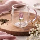 Caneca de Vidro Elegante e Delicada com Rosa 3D Criativa 400ml para Chá Café Presente