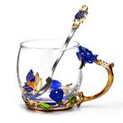 Caneca de vidro esmaltada OEAGO com rosa azul e colher de borboleta