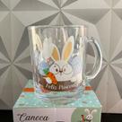 Caneca de vidro personalizada feliz Páscoa pra presente com coelho e cenoura 320 ml para café chá leite xícara Pascoa