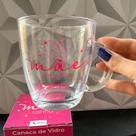 Caneca de vidro personalizada para mãe com frase rosa e alça 350ml presente dia das mães café xícara mae mamae chá leite -