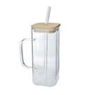 Caneca de vidro quadrada com canudo e tampa de bambu 350ml