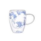 Caneca de vidro transparente com flores azuis preservadas 350 ml de parede dupla