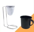 Caneca Esmaltada Ágata Preta 90ml + Suporte Com Mini coador - Postagem Rápida