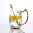 Caneca Luka Tech Enamel Butterfly Flower Glass com colher 350ml azul