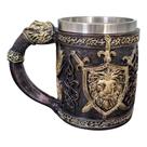 Caneca Medieval Artesanal Brasão Leão Geek 3D em Resina Copo em Aço Inox Grande Térmico 400ML