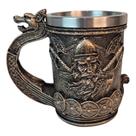 Caneca Medieval Artesanal Viking Geek 3D em Resina Copo em Aço Inox Grande Térmico Chopp Cerveja Di
