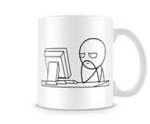 Caneca meme pensativo no computador