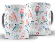 Caneca Pássaros Divertida Porcelana Xícara 325ml + Caixa Presente