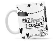 Caneca Paz Amor Cuscuz Divertida Porcelana Xícara 325ml + Caixa Presente