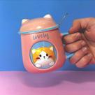 Caneca Porcelana 3D com Tampa e Colher Gatinho Rosa