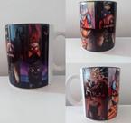 Caneca porcelana branca com desenho gatos heróis