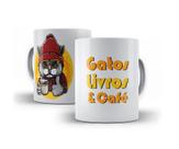 Caneca Porcelana Gatos Livros Café Mãe De Gato