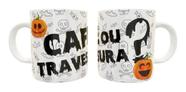 Caneca Porcelana Halloween Café ou Travessura Abóbora Dia das Bruxas