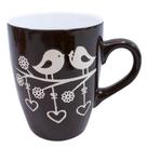 Caneca Porcelana Preta Pássaros 310ml