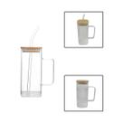 Caneca Quadrada Borossilicato Tampa Bambu Canudo Vidro 380ml