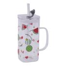 Caneca Vidro Sodo Cálcico com Tampa e Canudo Formato Frutas