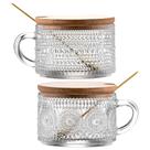 Canecas de café Gezzeny Vintage Glass com tampas de madeira, 400 ml, conjunto de 2