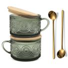 Canecas de café JVJRFQ Vintage Green 414 ml com tampas e colheres