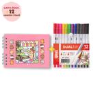 Caneta Para Lettering Dual Tip Brush Pen Com 2 Pontas Kit 12/24/36/48 Cores Kit:Caderno Rosa + 12 Cores